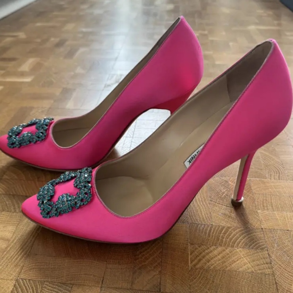 Manolo Blahnik Vibrant Pink Heels with Blue Embellishment